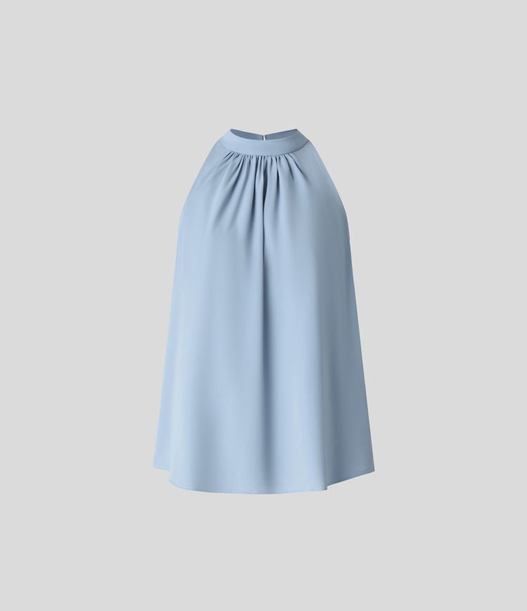 Chic Keyhole Back Halter Sleeveless Work Blouse with Elegant Curved Hem