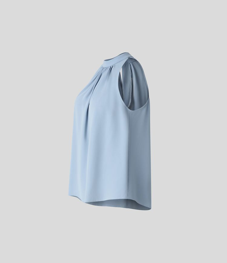 Chic Keyhole Back Halter Sleeveless Work Blouse with Elegant Curved Hem