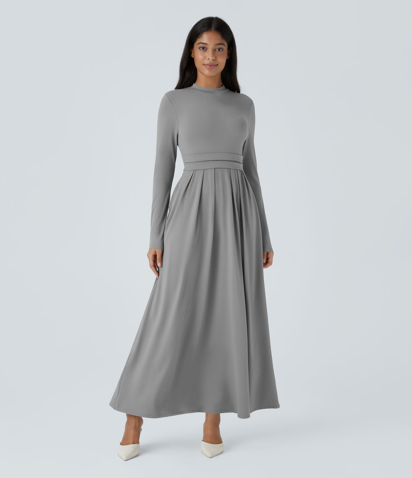 Elegant Mock-Neck Long Sleeve Flare Maxi Dress with Pockets for Women