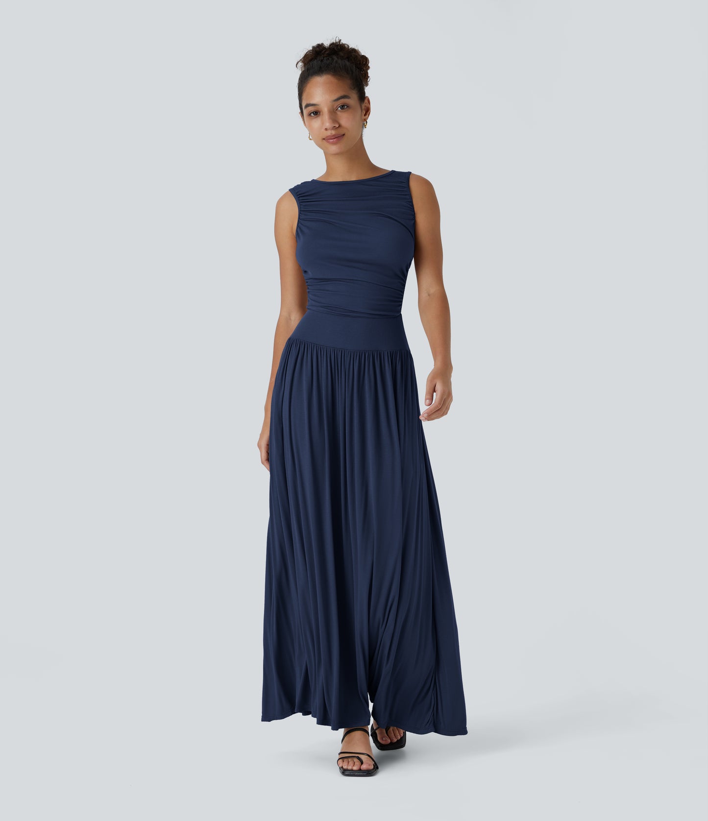 Chic Ribbed Boat Neck Flowy Maxi Dress with Asymmetric Strap & Side Pockets