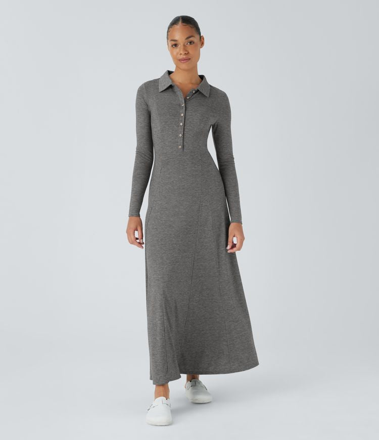 Elegant Mock-Neck Long Sleeve Flare Maxi Dress with Pockets for Women