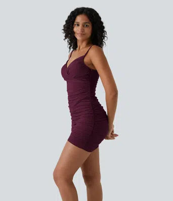 Deep V Neck Adjustable Strap Backless Ruched Bodycon Mini Casual Dress