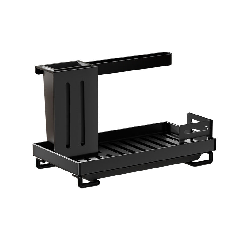 No-drill kitchen organizer displaying dual-purpose storage and dish towel drying capabilities