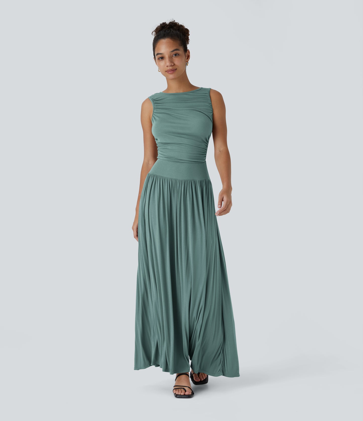 Chic Ribbed Boat Neck Flowy Maxi Dress with Asymmetric Strap & Side Pockets