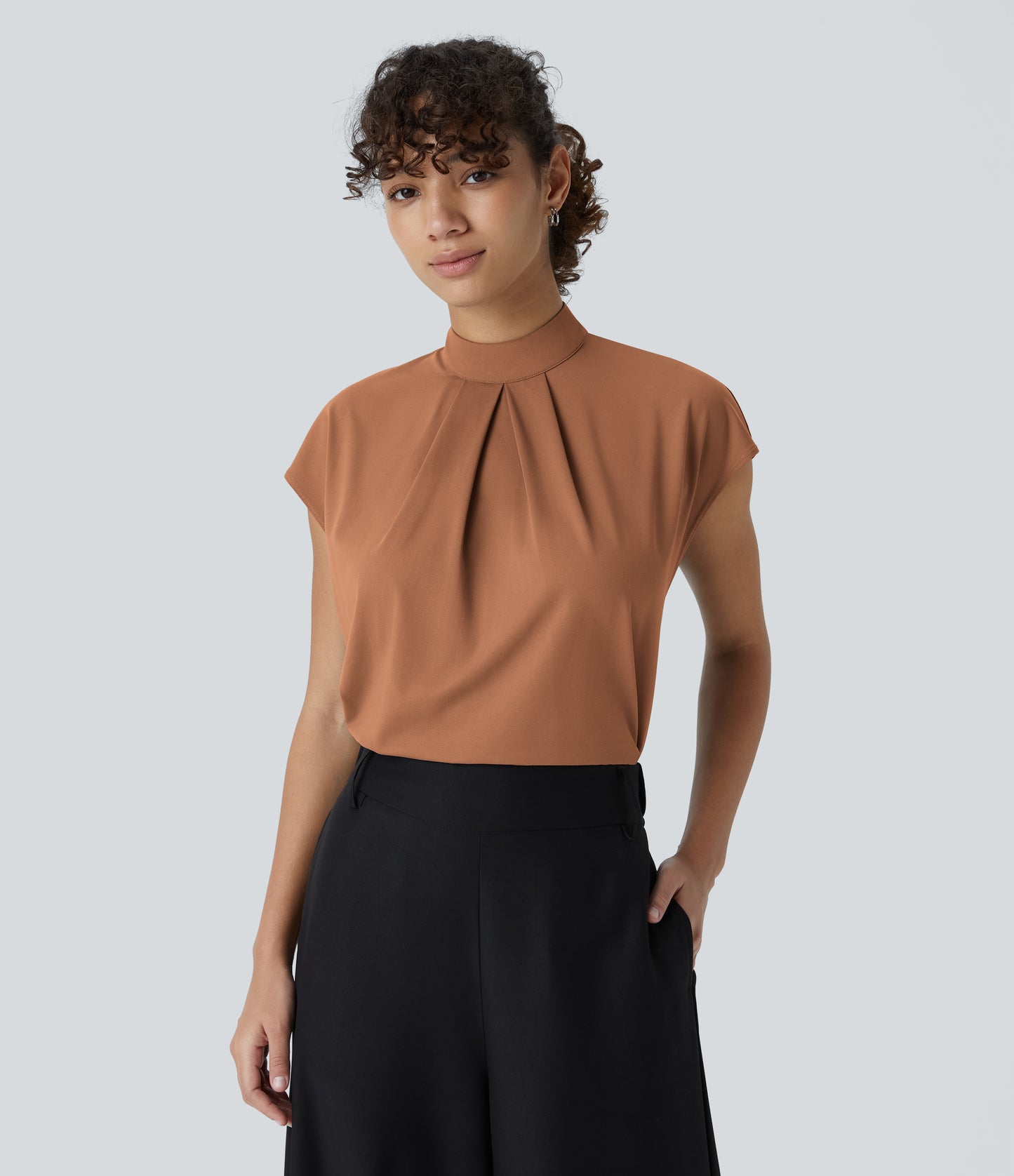 Women's Professional Stand Collar Cap Sleeve Work Blouse - Comfortable Stretch Office Top