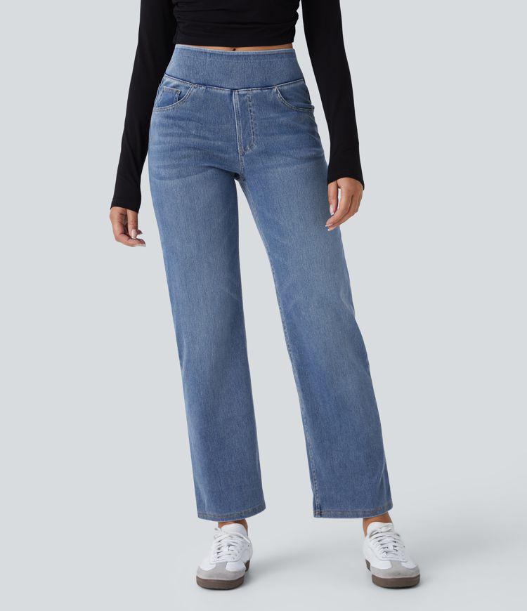 Halara Flex High-Waisted Pockets Straight Leg Washed Stretchy Knit Jeans