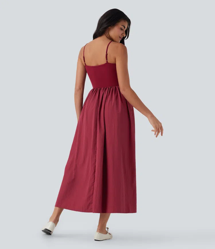 Chic Backless Maxi Slip Dress with Side Pockets, Adjustable Straps, Flowy Comfort