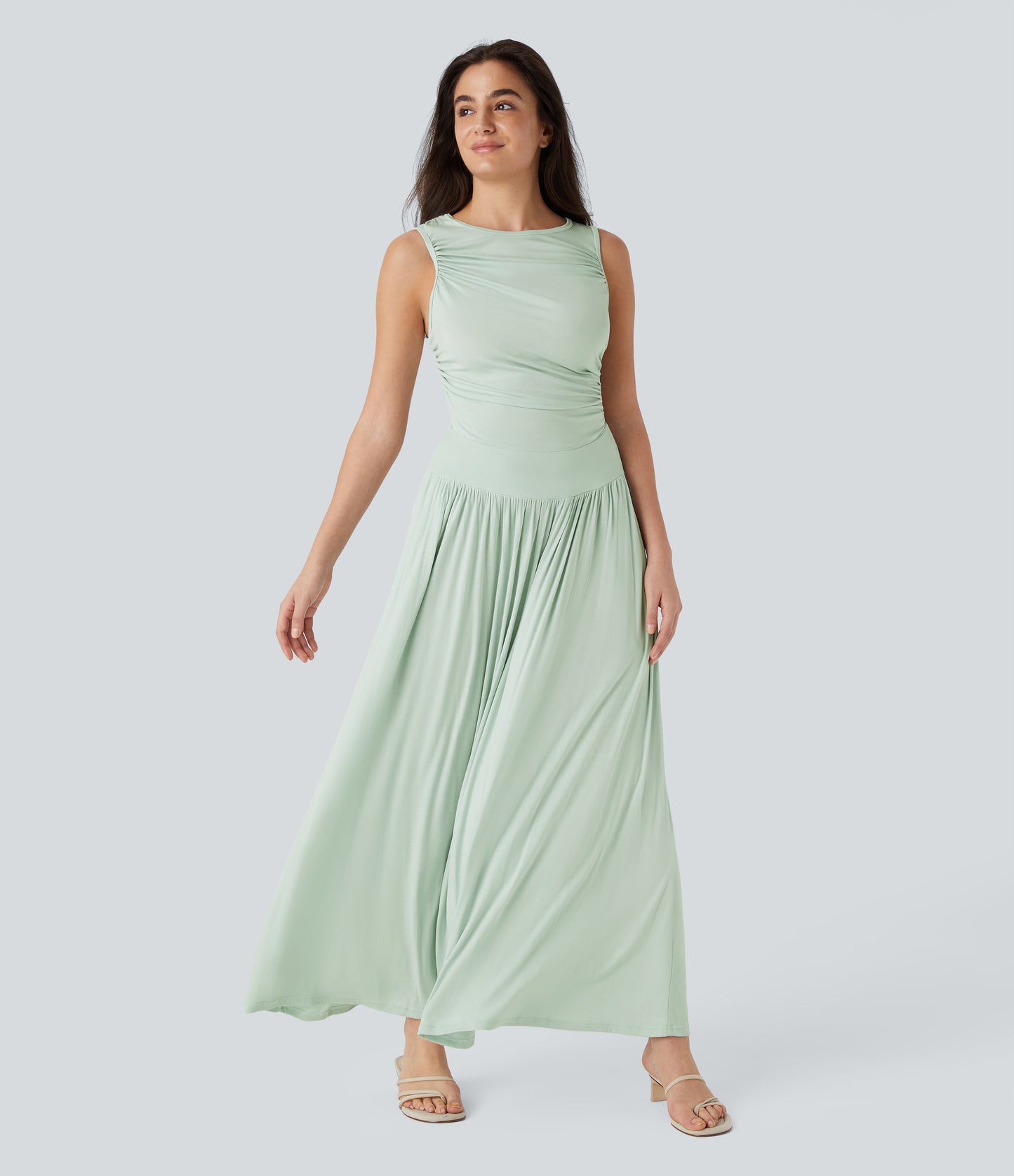 Chic Ribbed Boat Neck Flowy Maxi Dress with Asymmetric Strap & Side Pockets