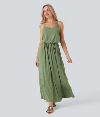 Adjustable Strap Maxi Flowy Resort Slip Dress with Pockets for Women