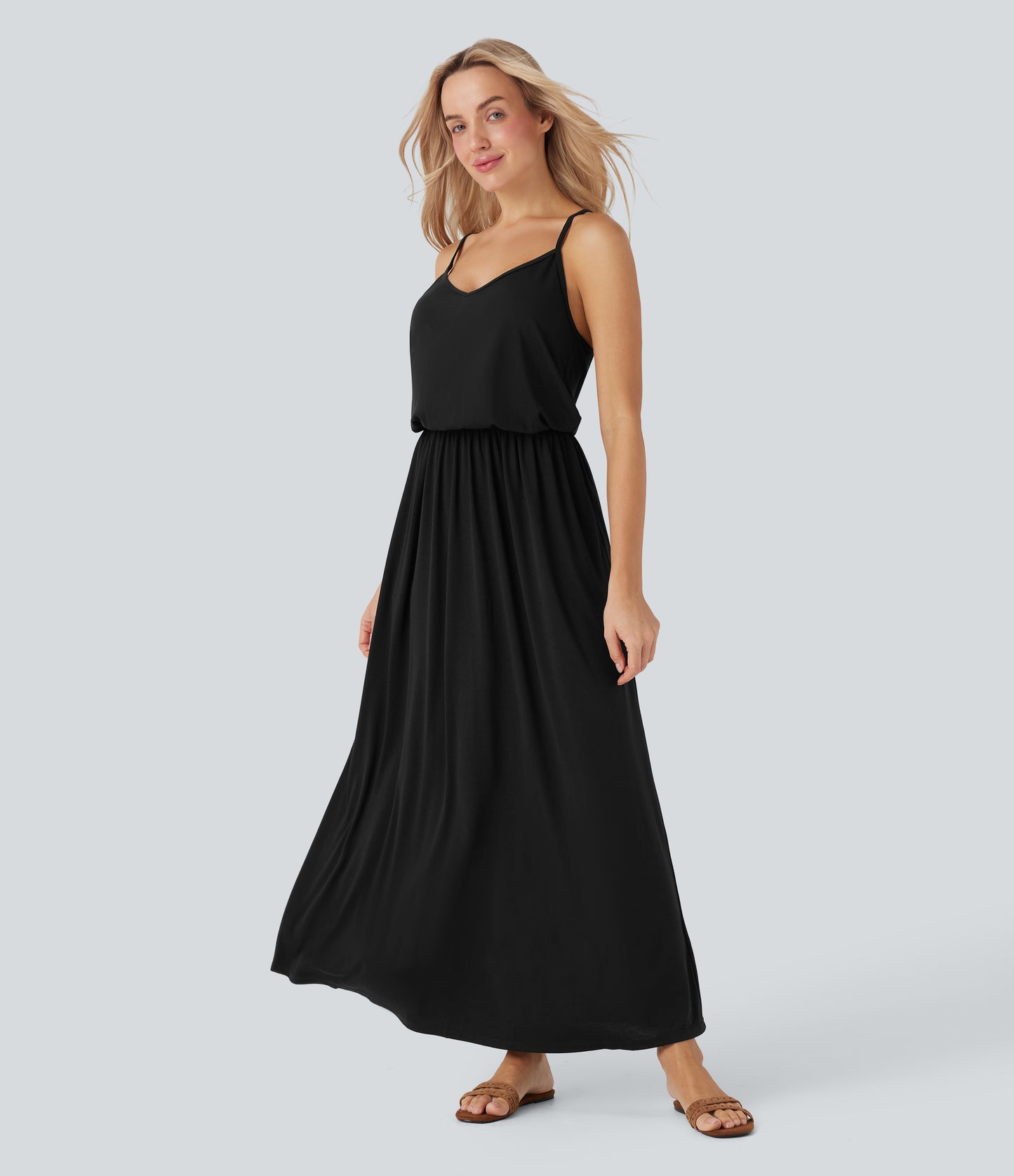 Adjustable Strap Maxi Flowy Resort Slip Dress with Pockets for Women