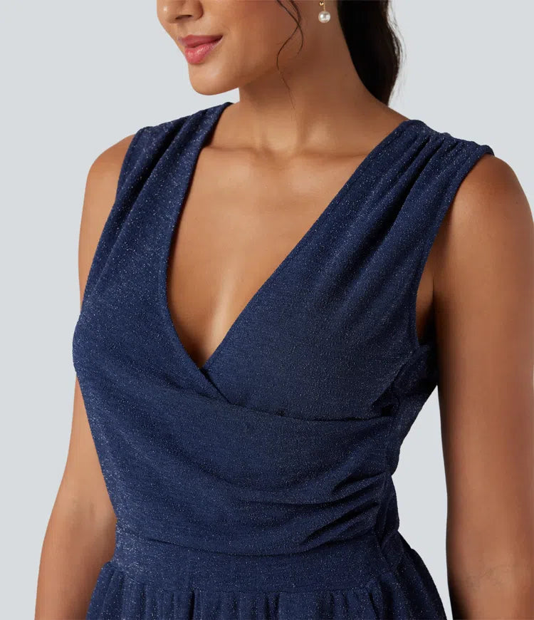Women's Chic Sleeveless Metallic Jumpsuit with Pockets and Tie Back