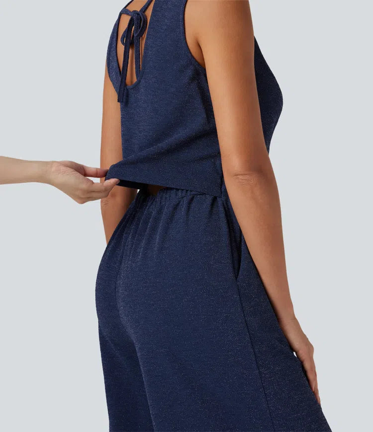 Women's Chic Sleeveless Metallic Jumpsuit with Pockets and Tie Back