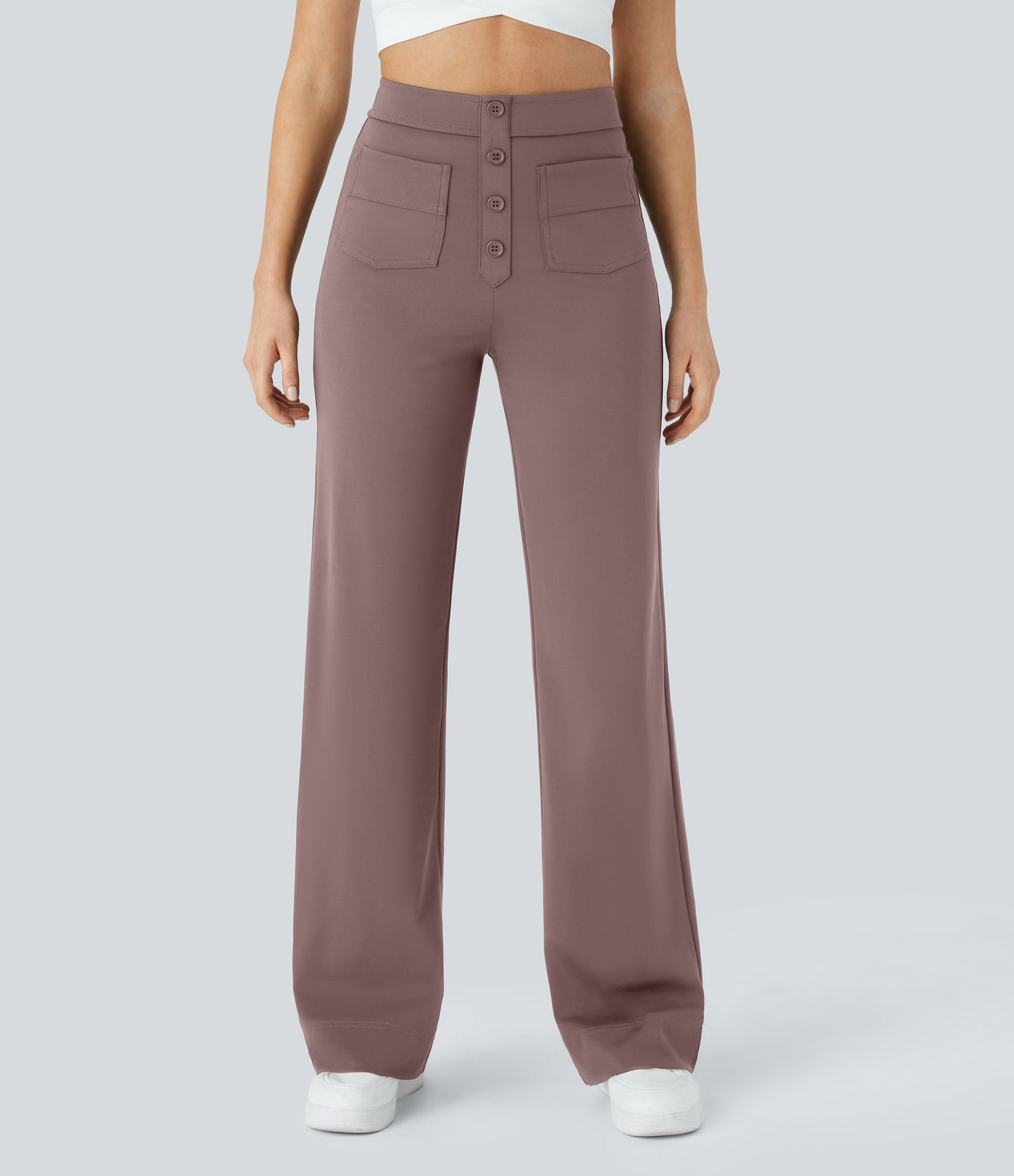 Halara High Waisted Button Straight Leg Casual Pants with Multiple Pockets