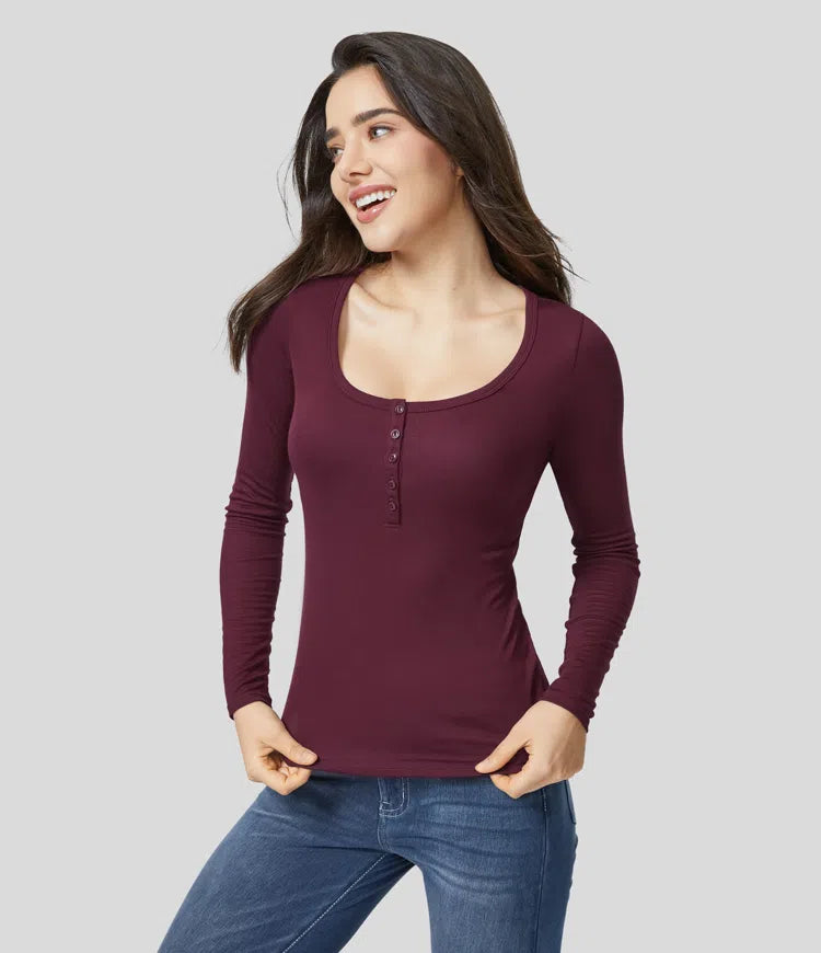 Women's Versatile Ribbed Henley Neck Long Sleeve Slim Casual Top