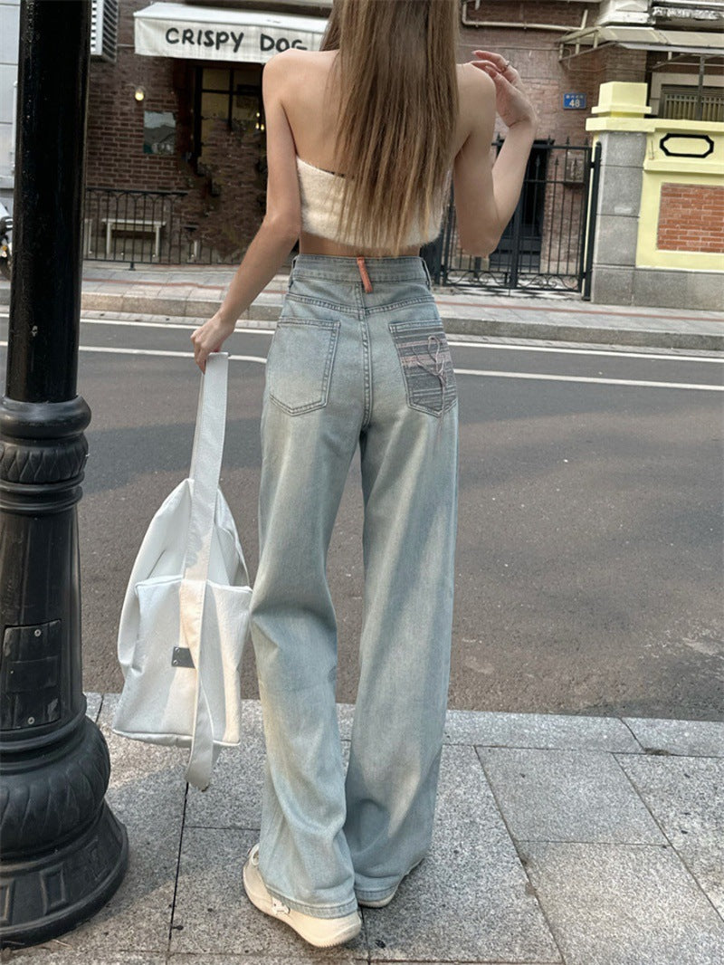 Summer Washed High Waist Loose Slim Wide Leg Jeans Women's Design Light Blue Narrow Straight Floor-length Pants