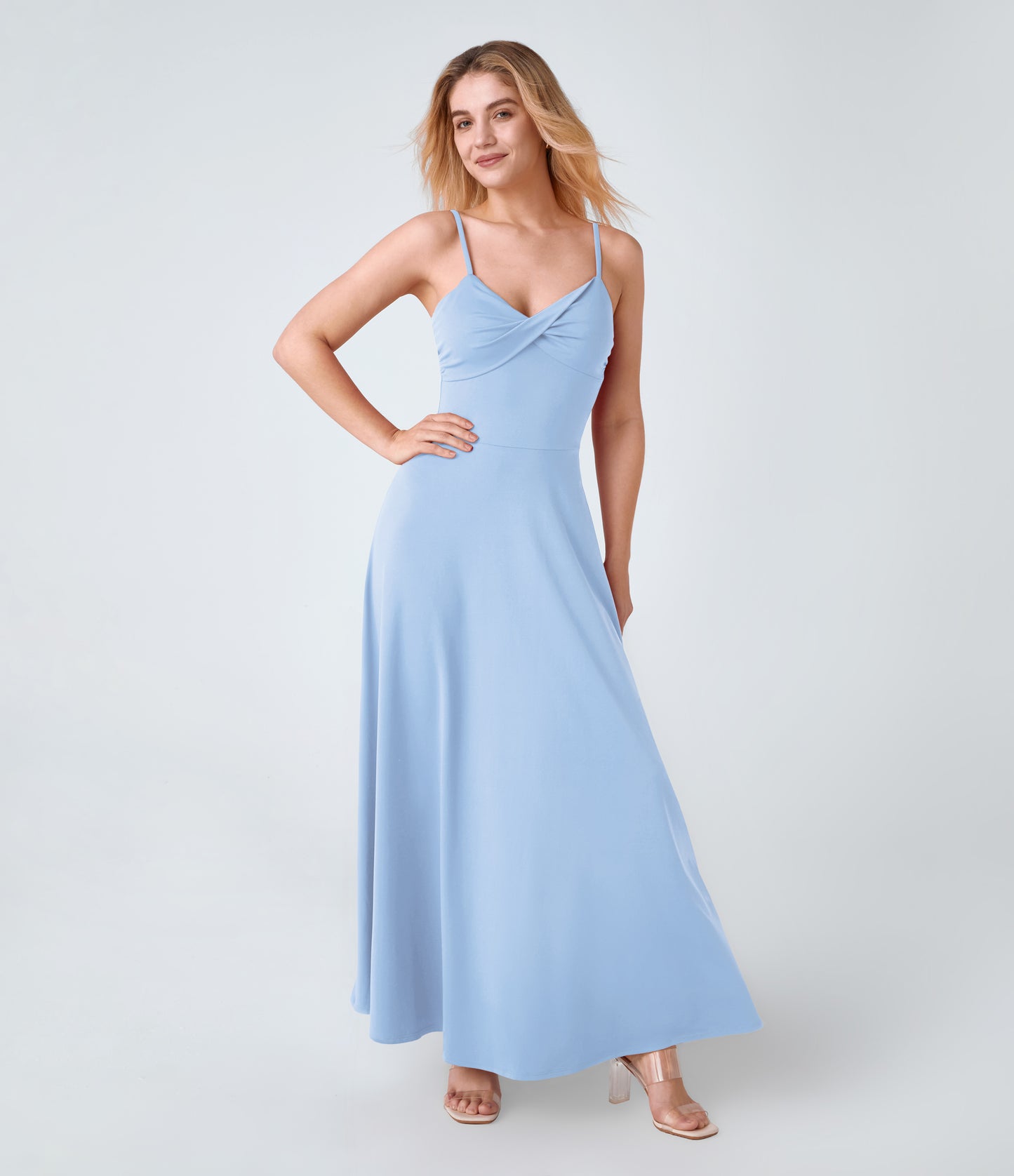 Women's U-Back Flowy Maxi Slip Dress with Flared Hem and Adjustable Straps