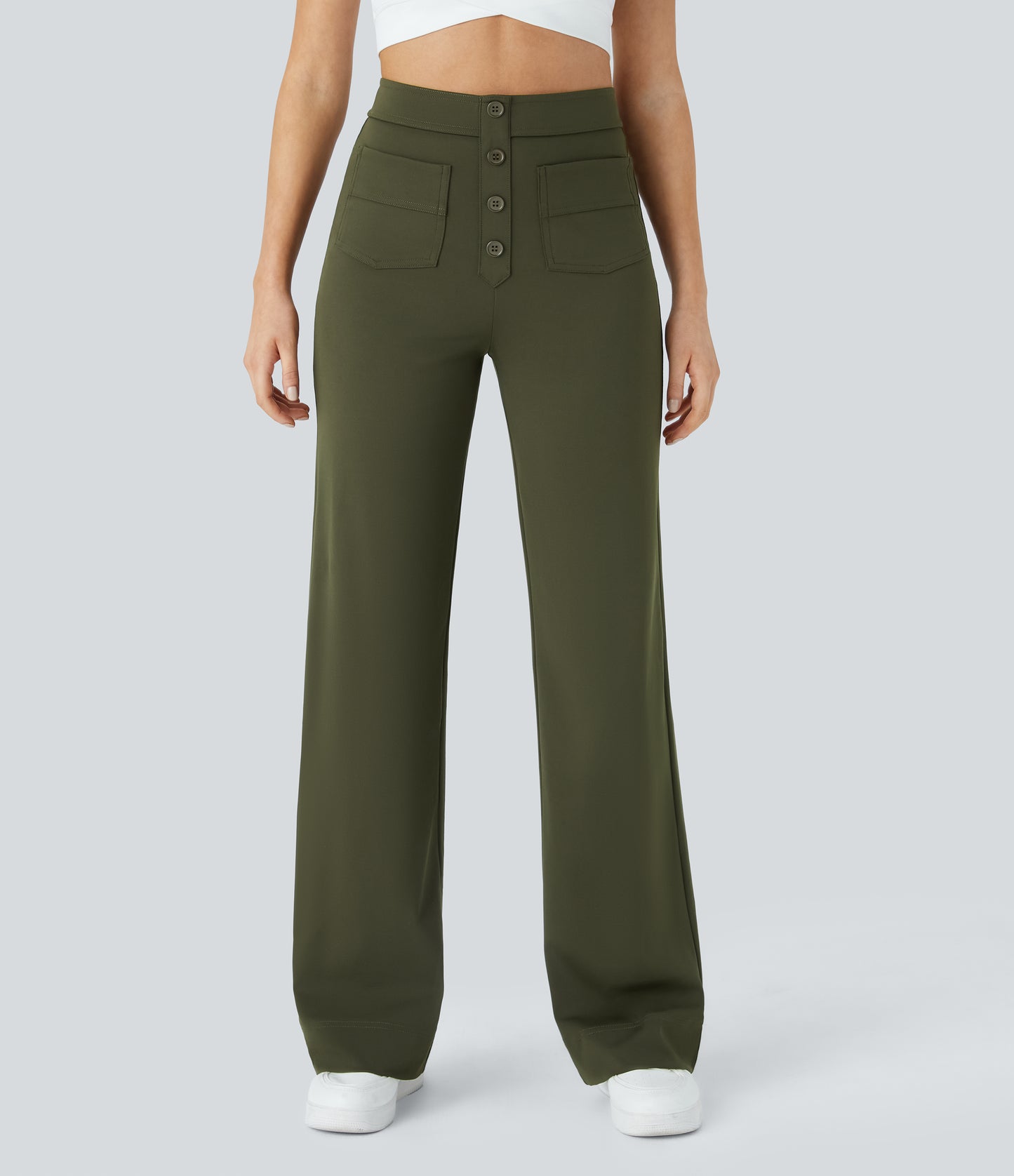 Halara High Waisted Button Straight Leg Casual Pants with Multiple Pockets