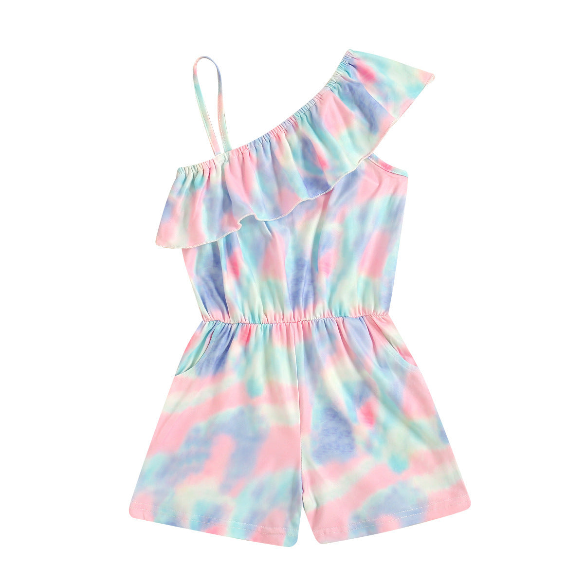 Girls' Tie-dye One-shoulder Ruffled Sling Shorts