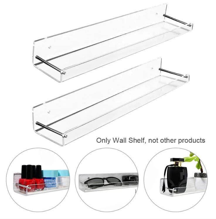 Transparent wall-mounted display stand showing waterproof acrylic construction and sleek edges