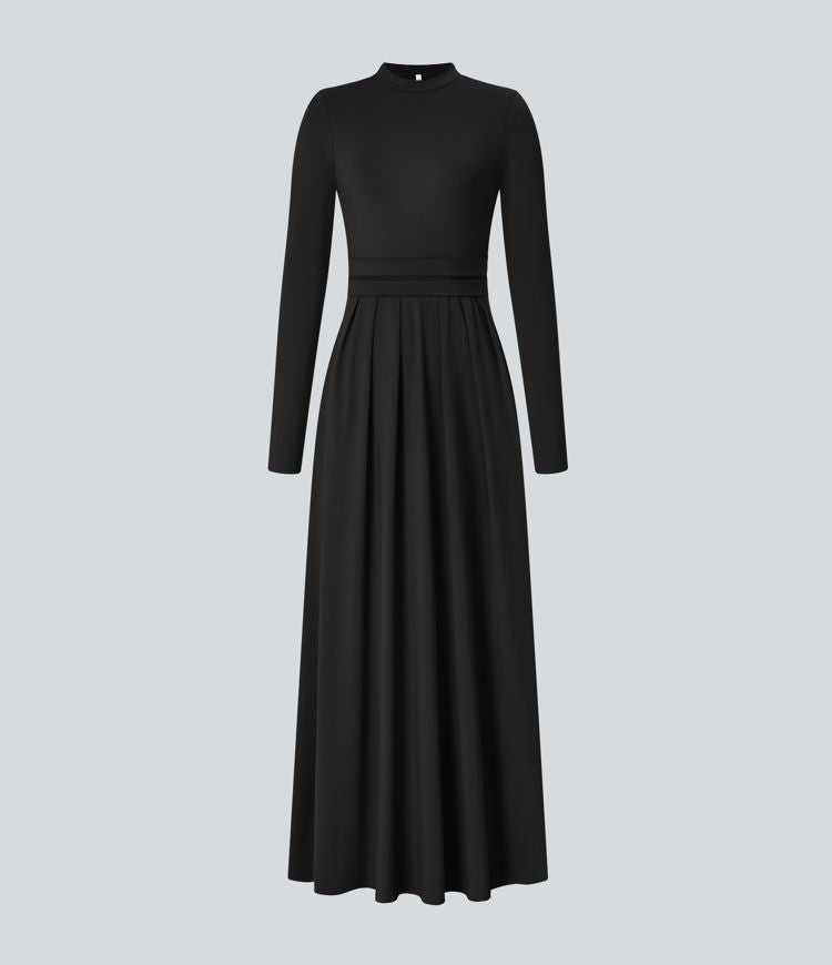 Elegant Mock-Neck Long Sleeve Flare Maxi Dress with Pockets for Women