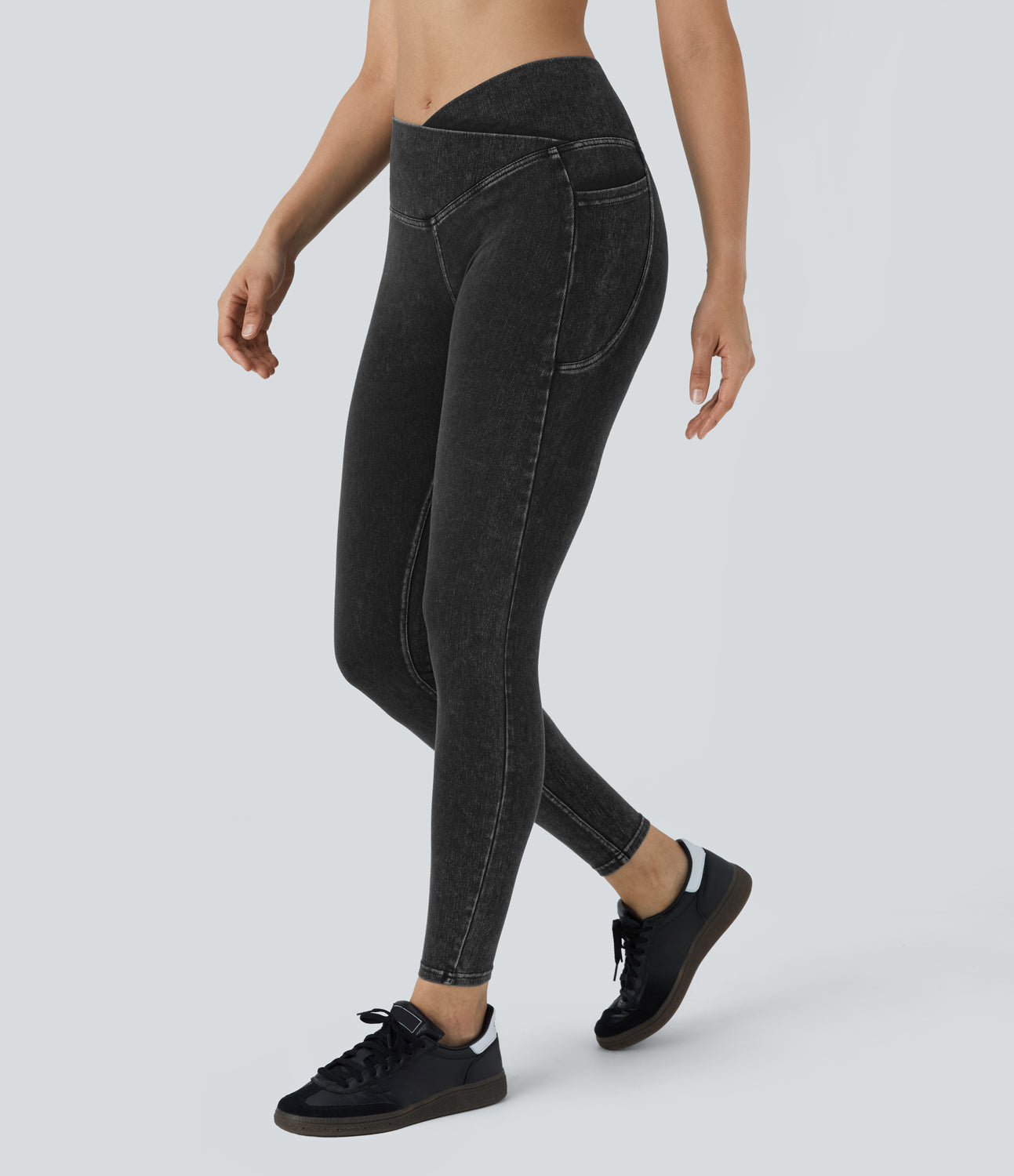 Halara Flex Crossover Side Pocket Washed Stretchy Knit Denim Work Leggings