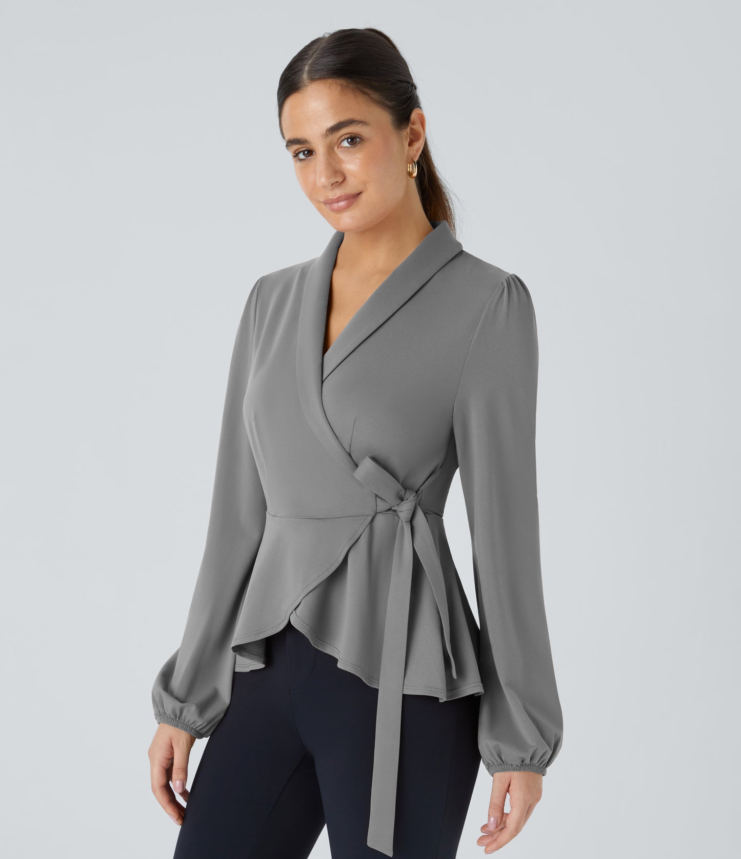 Elegant Shawl Collar Wrapped Tie Side Ruffle Hem Blouse for Work