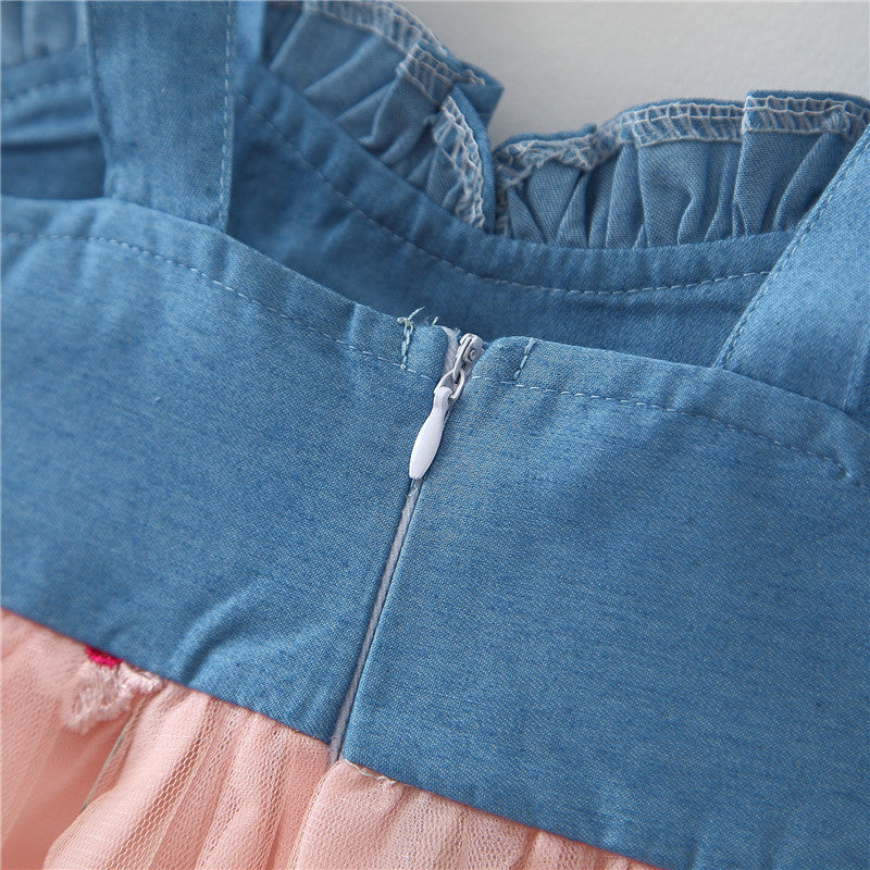 Girls Denim Straps Tulle Stitching Dress