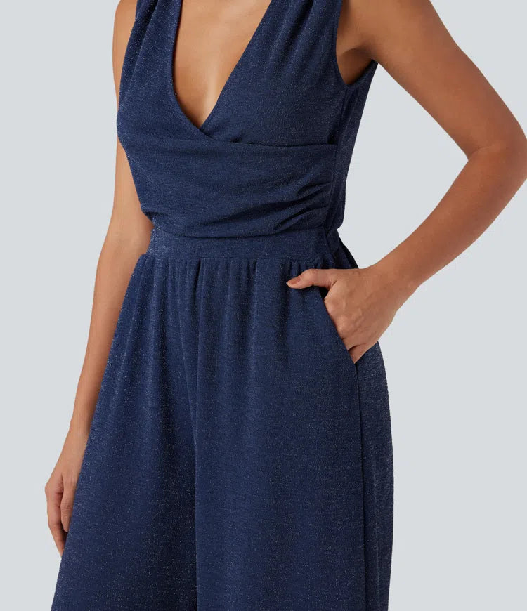 Women's Chic Sleeveless Metallic Jumpsuit with Pockets and Tie Back