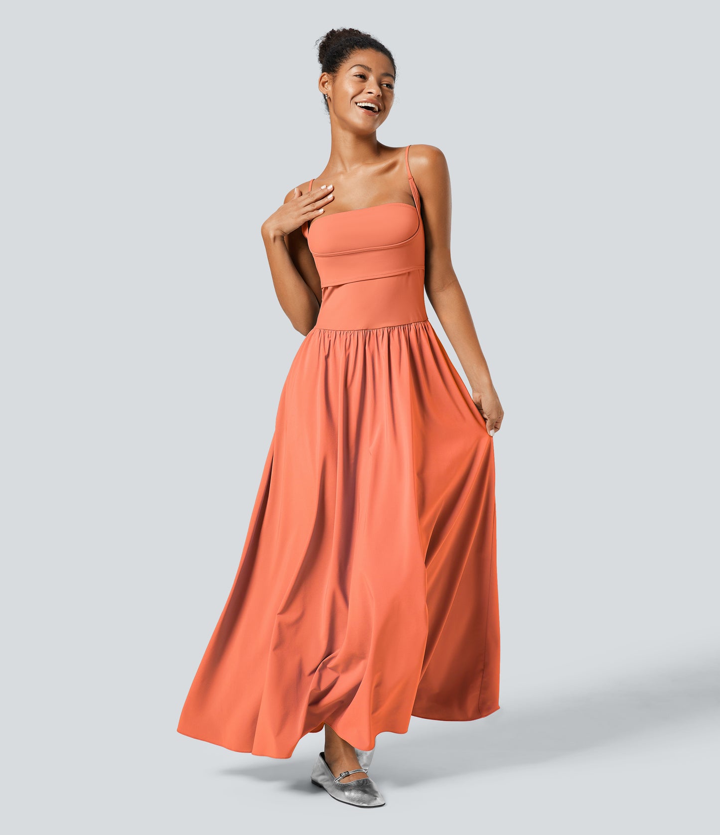 Breezeful Backless Side Pocket Flowy Flare Maxi Quick Dry Casual Slip Dress
