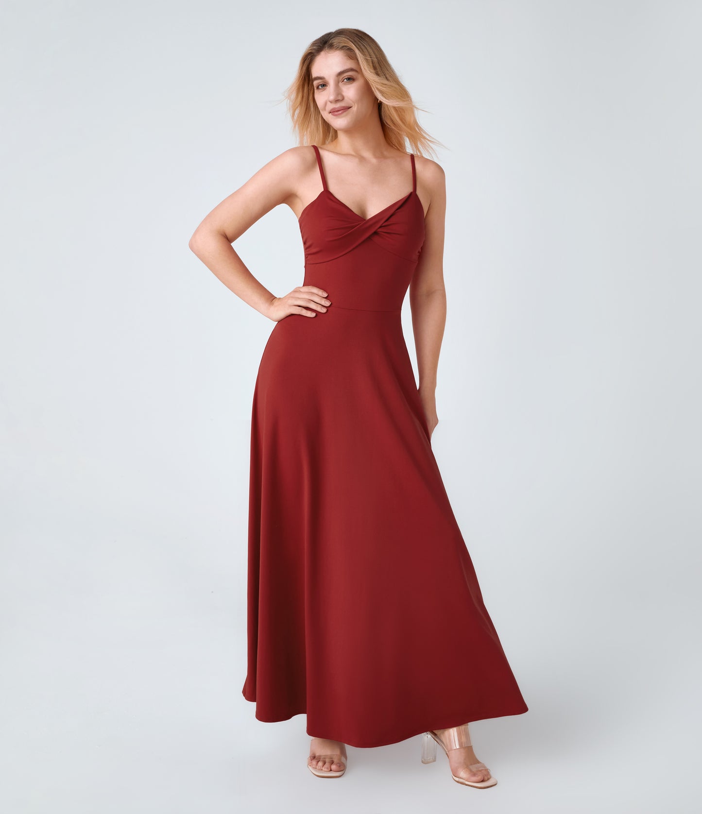 Women's U-Back Flowy Maxi Slip Dress with Flared Hem and Adjustable Straps