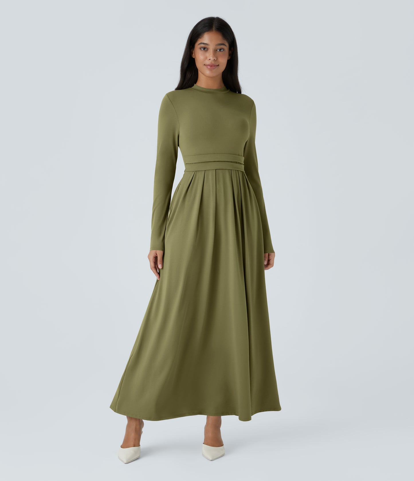 Elegant Mock-Neck Long Sleeve Flare Maxi Dress with Pockets for Women