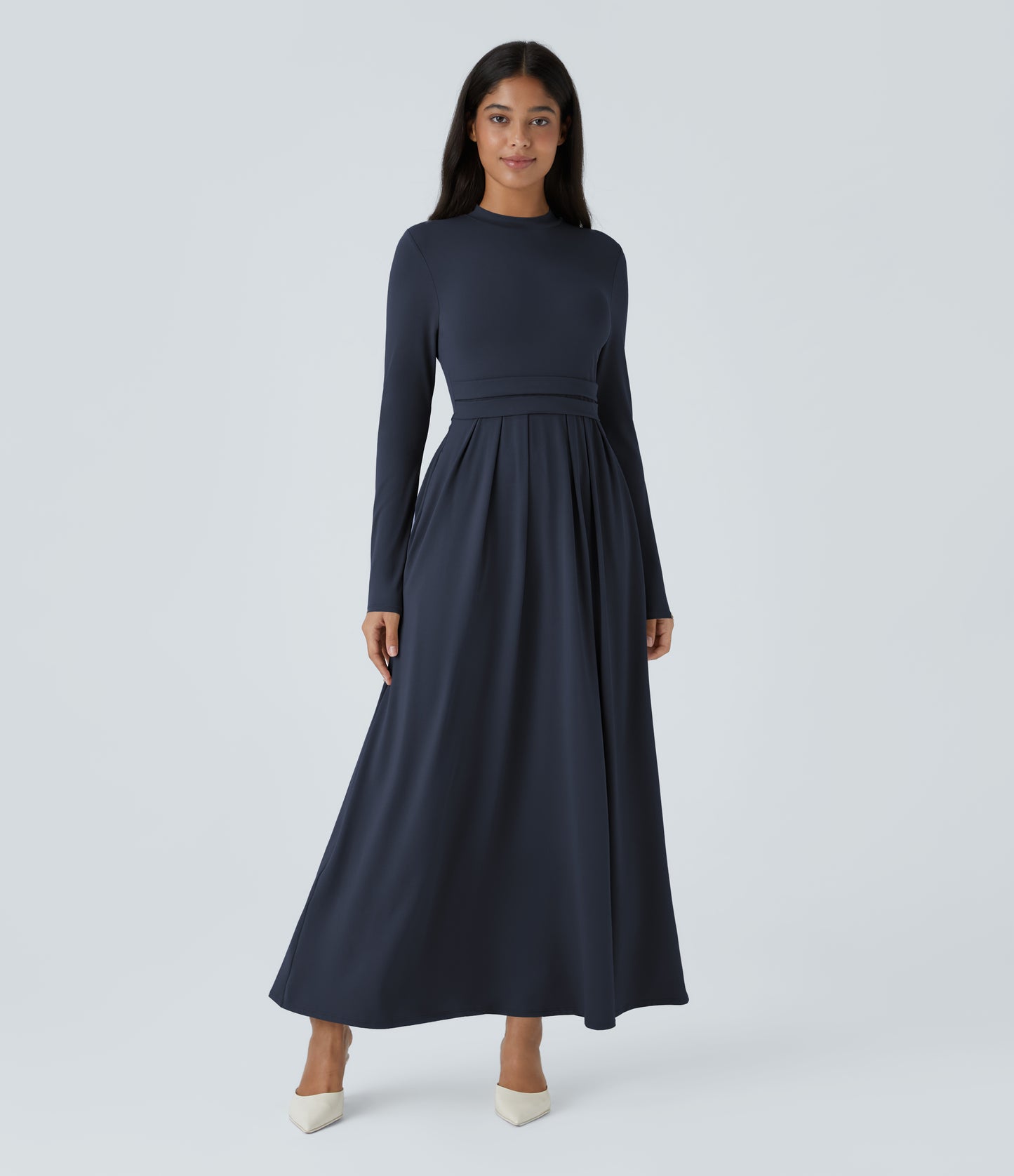 Elegant Mock-Neck Long Sleeve Flare Maxi Dress with Pockets for Women