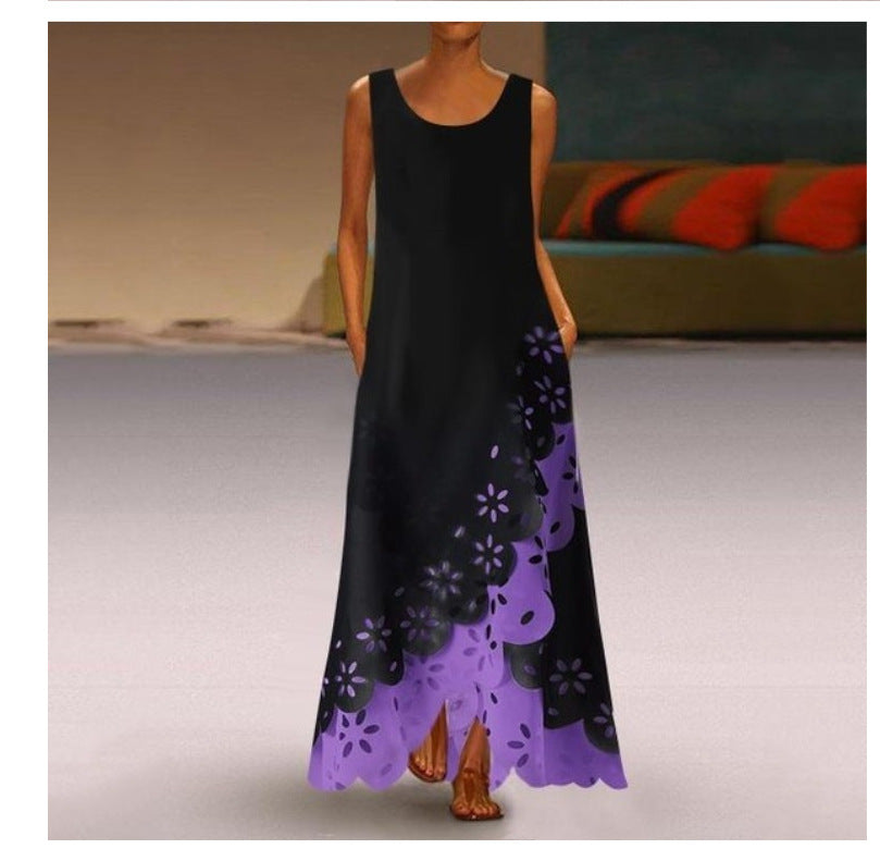 Sleeveless Print Round Neck Maxi Beach Dress