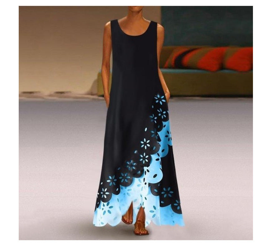 Sleeveless Print Round Neck Maxi Beach Dress