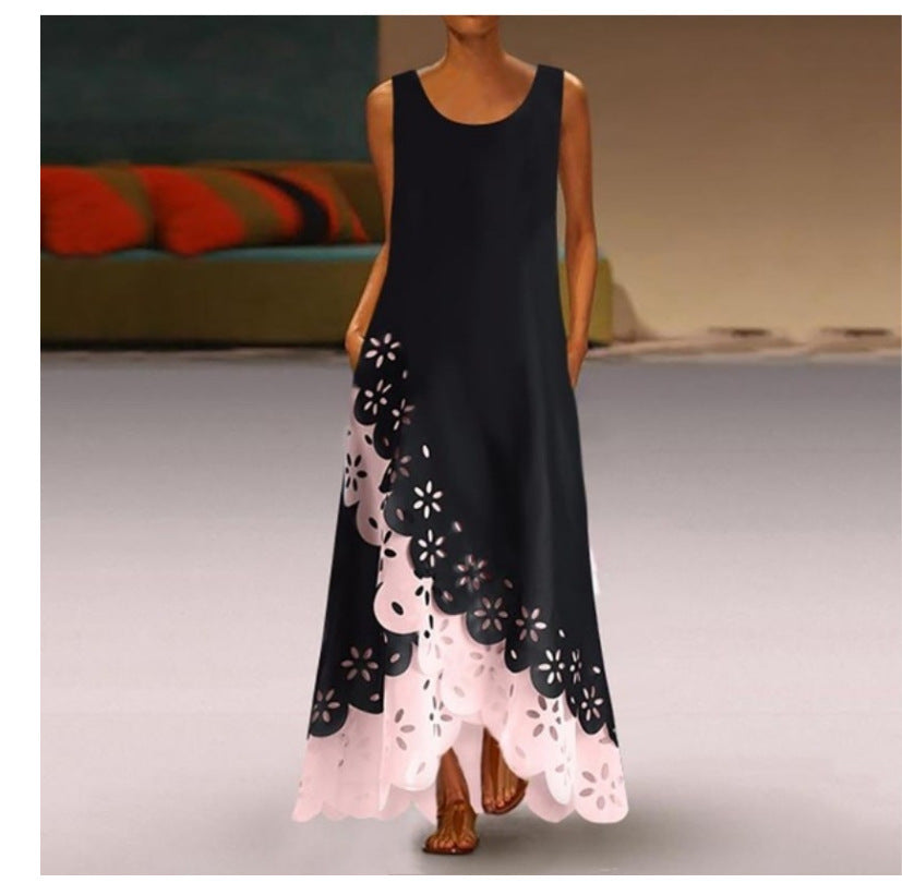 Sleeveless Print Round Neck Maxi Beach Dress