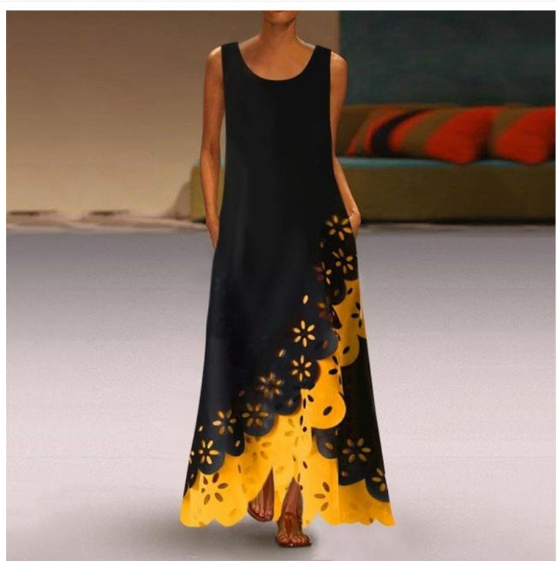 Sleeveless Print Round Neck Maxi Beach Dress