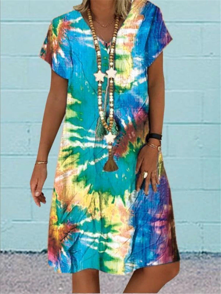 Printed Short sleeve V-neck Maxi Dress