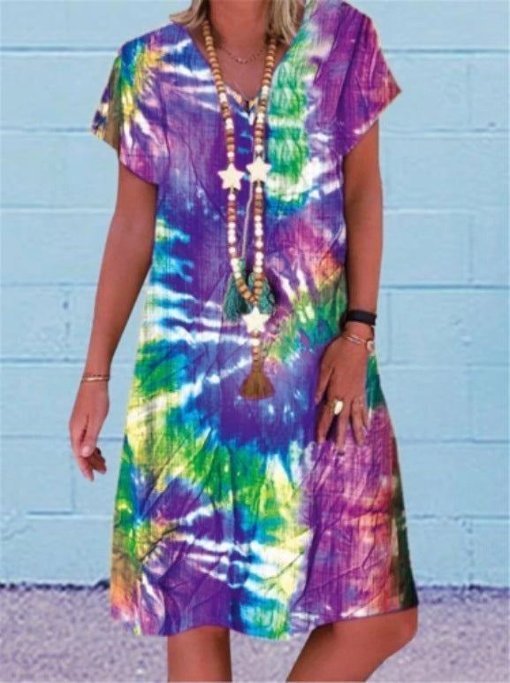 Printed Short sleeve V-neck Maxi Dress