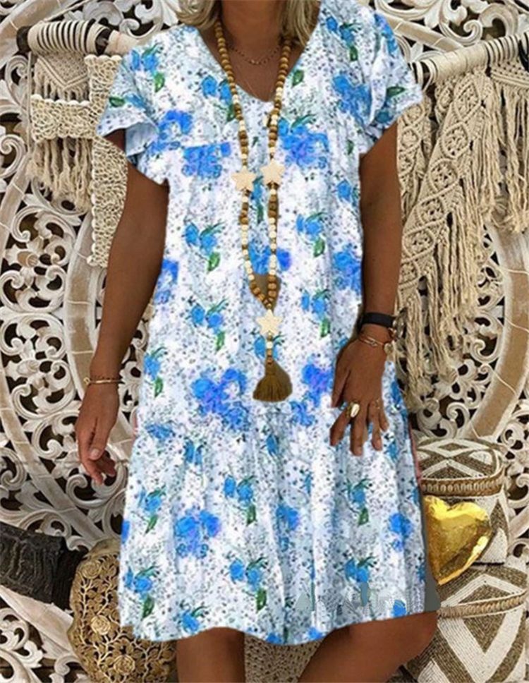 Printed Short sleeve V-neck Maxi Dress