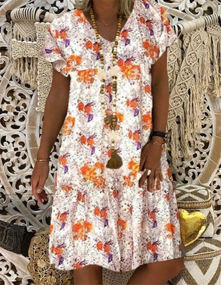 Printed Short sleeve V-neck Maxi Dress