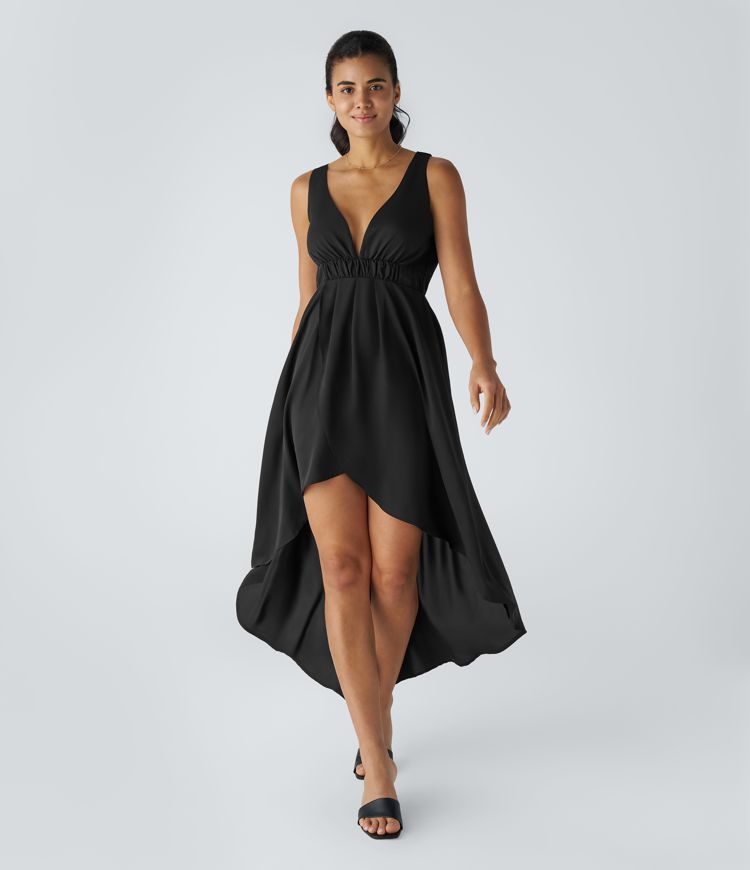 Women's Deep V Neck Sleeveless Crossover Hem High-Low Flowy Maxi Dress