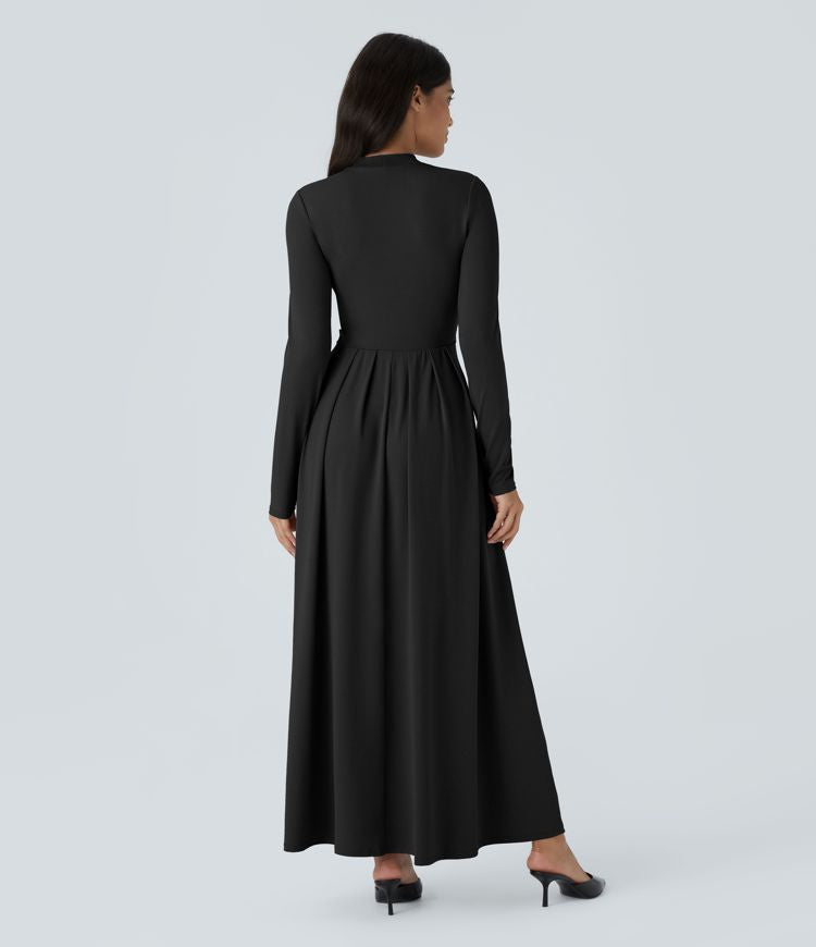 Elegant Mock-Neck Long Sleeve Flare Maxi Dress with Pockets for Women