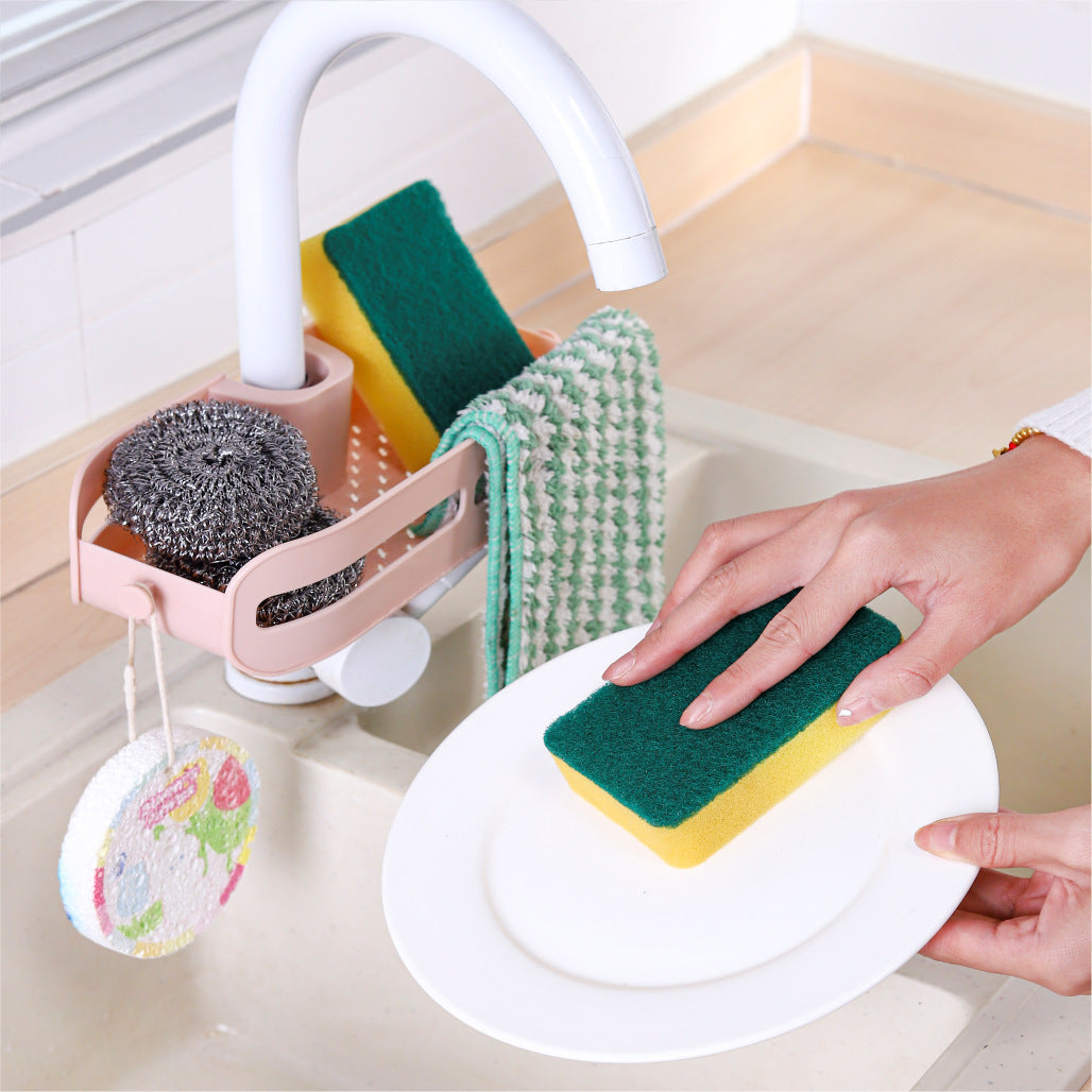 Space-efficient kitchen rack demonstrating faucet-mounted design with tool-free snap installation