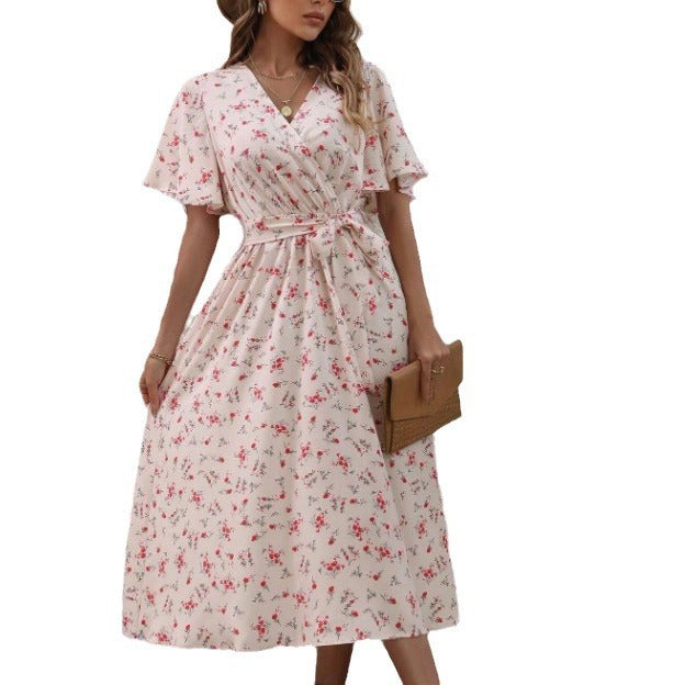 Mid-length V-neck Small Floral Tie-neck Ruffled Dress