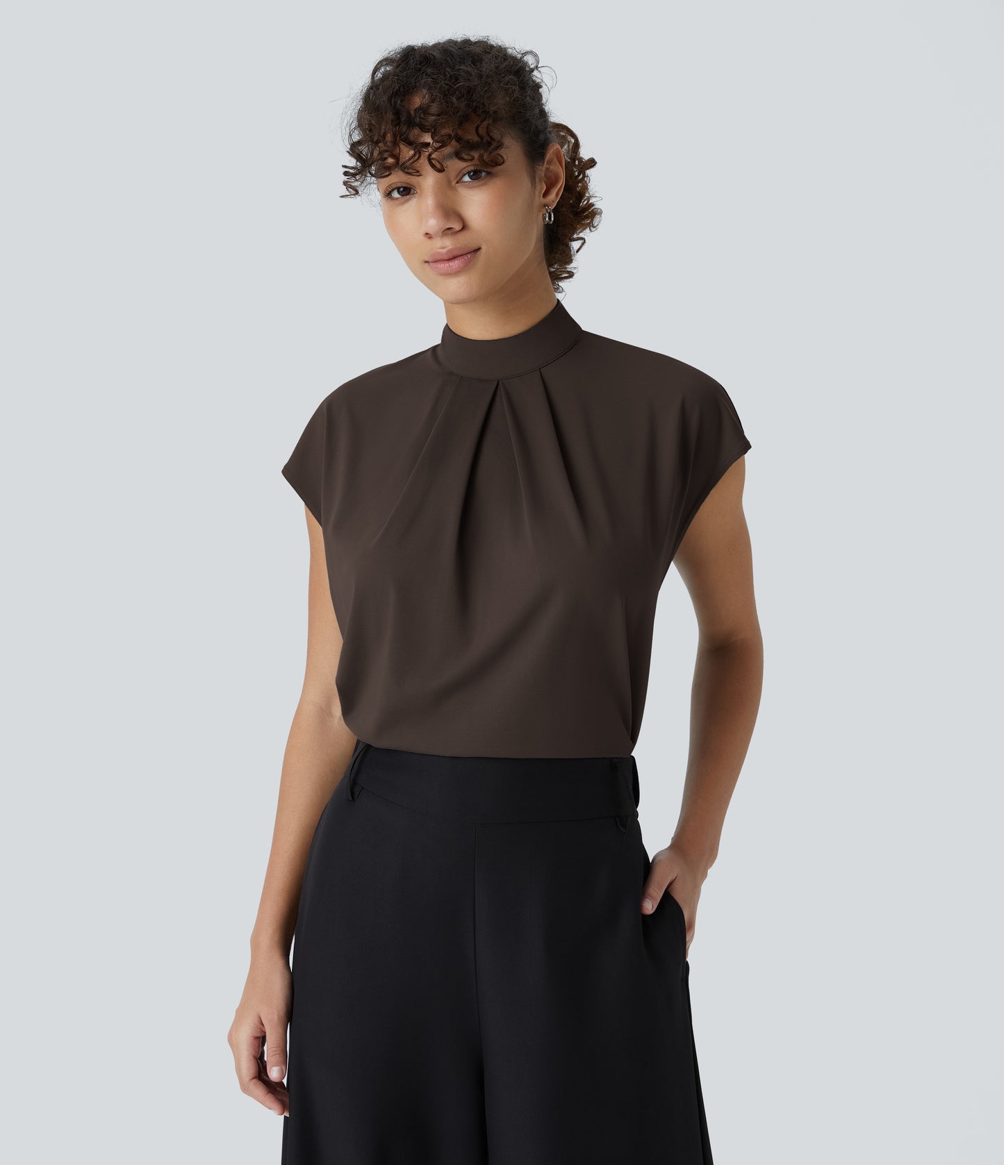 Women's Professional Stand Collar Cap Sleeve Work Blouse - Comfortable Stretch Office Top