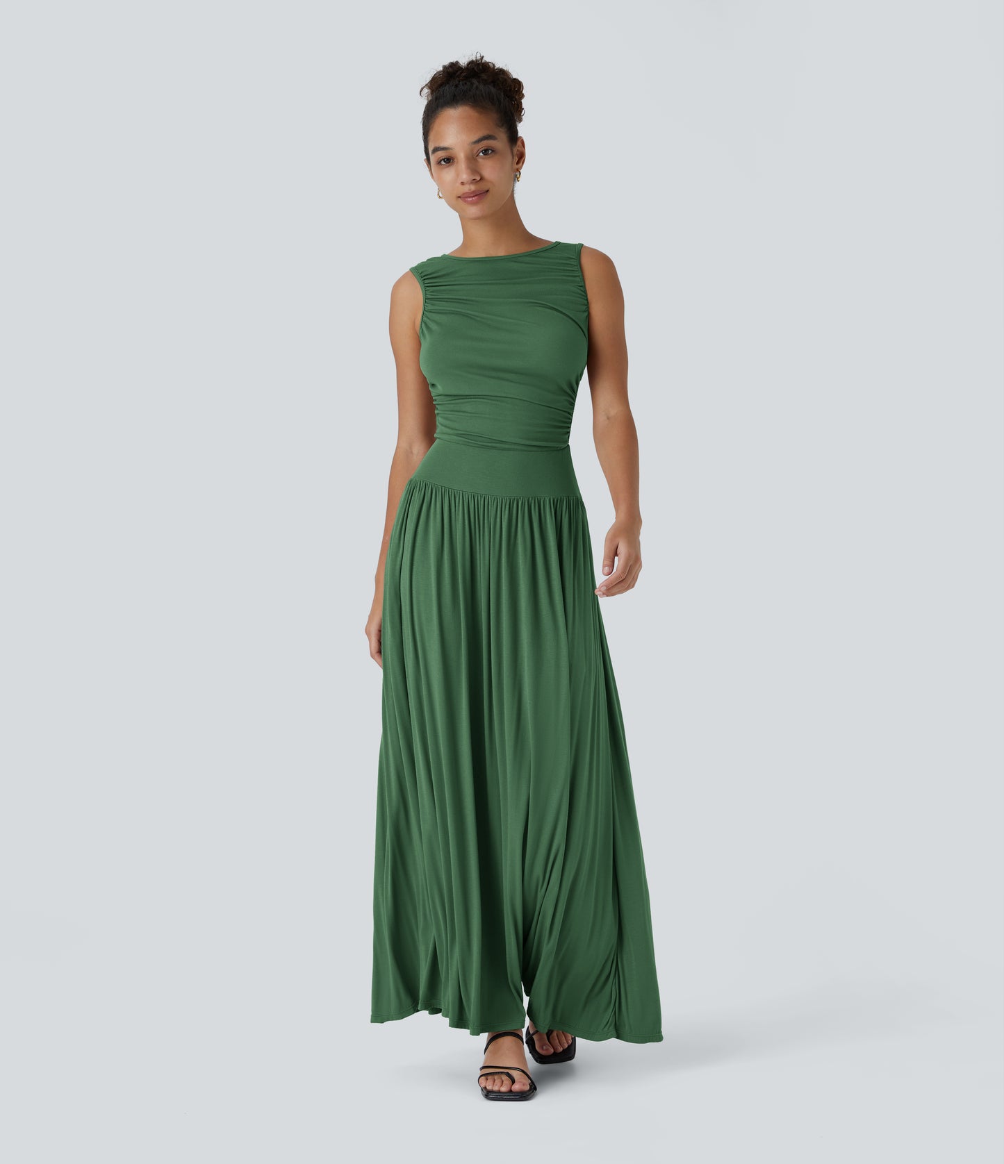 Chic Ribbed Boat Neck Flowy Maxi Dress with Asymmetric Strap & Side Pockets