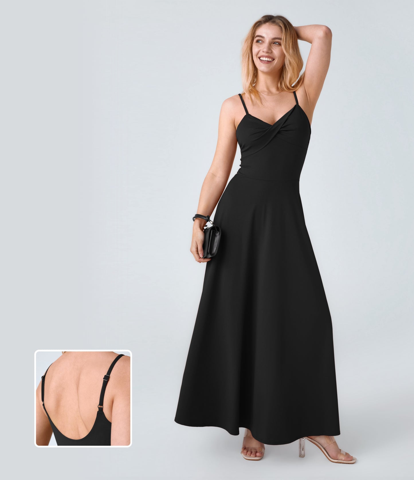 Women's U-Back Flowy Maxi Slip Dress with Flared Hem and Adjustable Straps