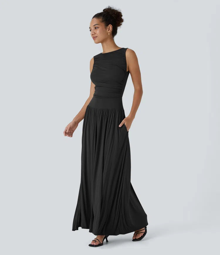 Chic Ribbed Boat Neck Flowy Maxi Dress with Asymmetric Strap & Side Pockets