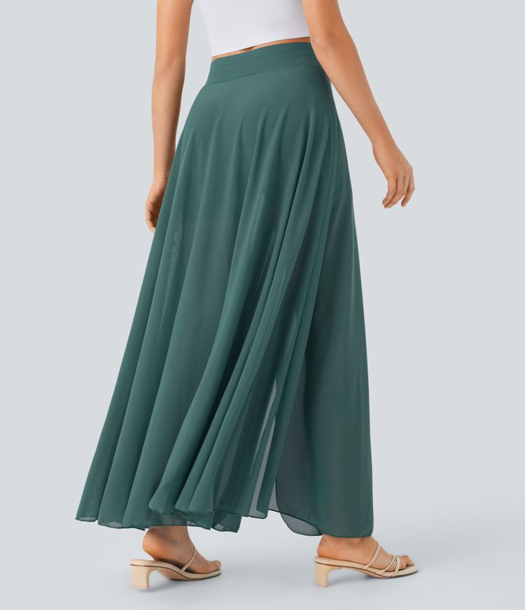 Effortless High Waisted Drawstring Maxi Skirt with Built-in Shorts & Pockets