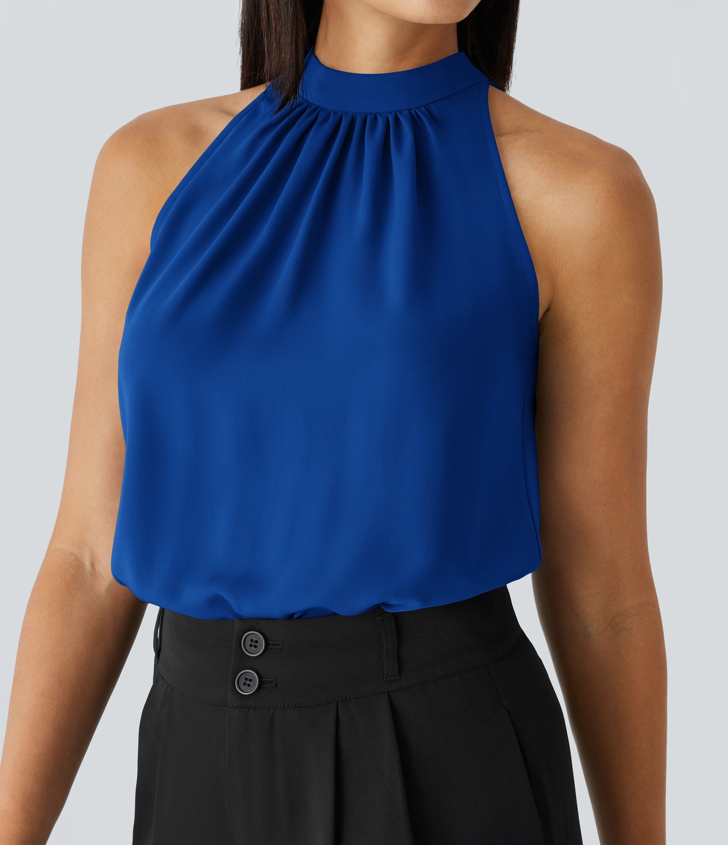 Chic Keyhole Back Halter Sleeveless Work Blouse with Elegant Curved Hem